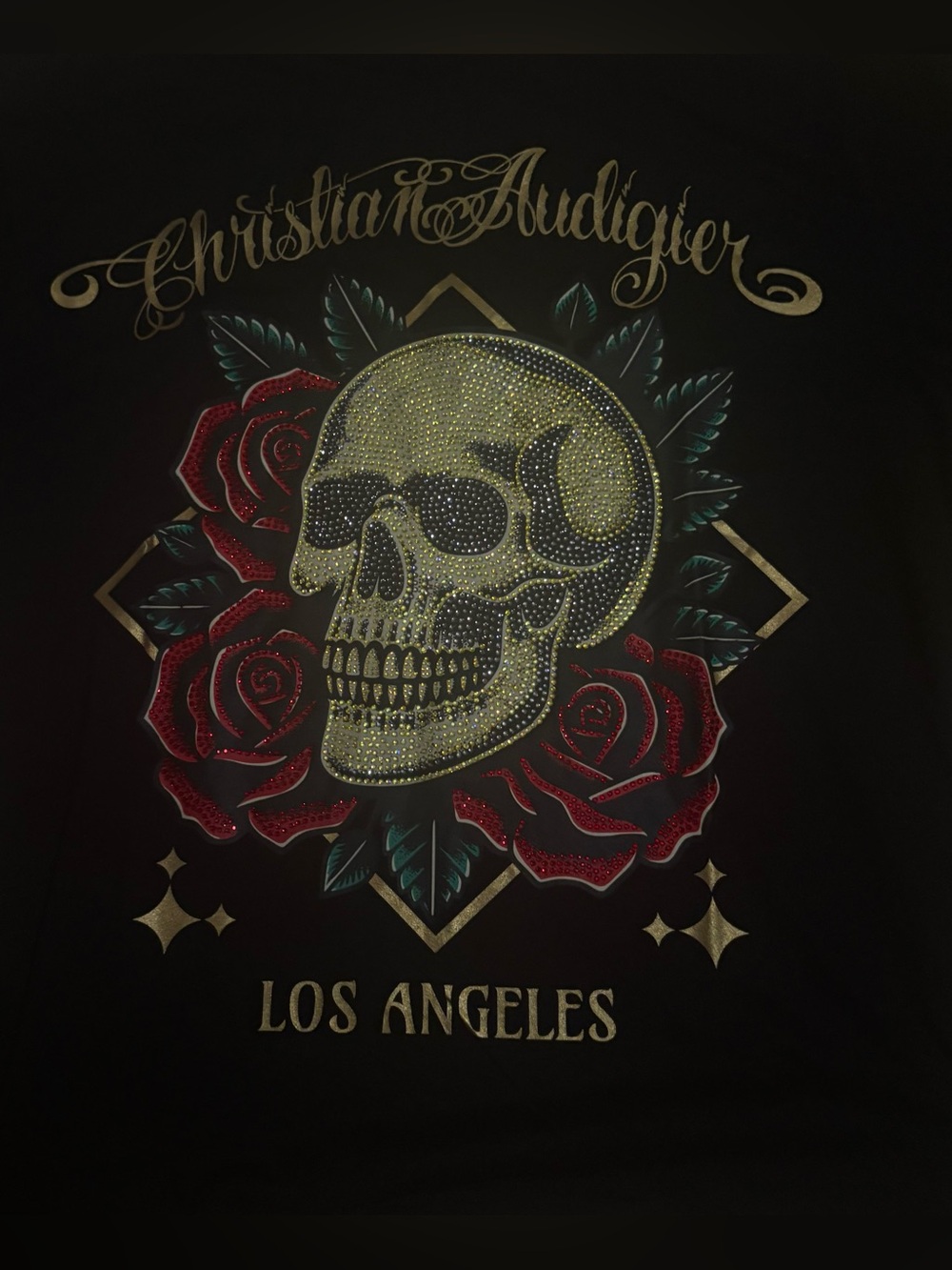 Christian Audigier Black Tee with Gold Skull and Red Roses⭐️NWT⭐️ - Picture 2 of 8